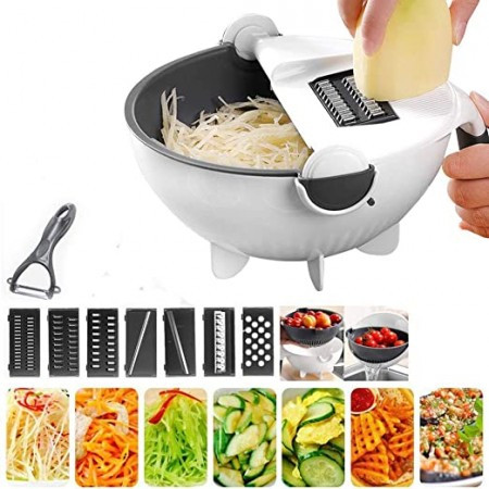 9-in-1 Magic Vegetable Cutter with different blades and rotating drain basket